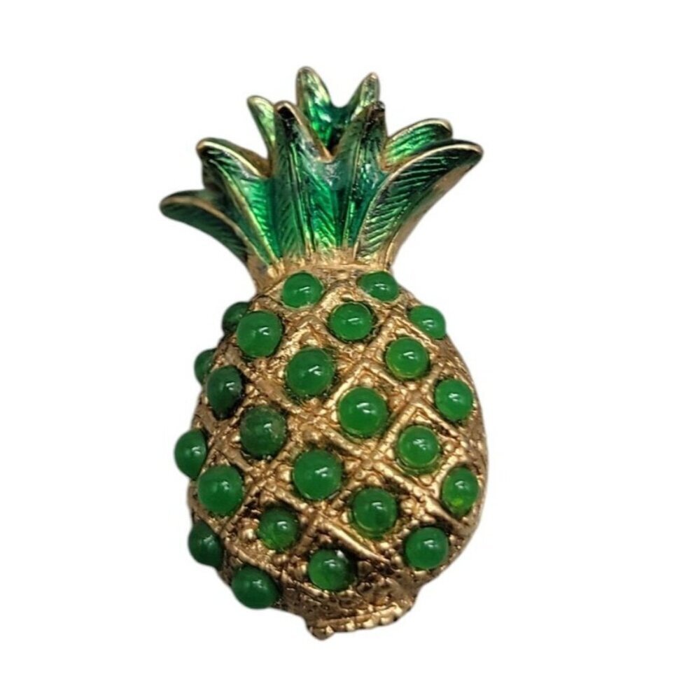 Ciner Rare Pineapple Brooch Green Cabachons 18k Gold Plated Book Piece Vintage 125$